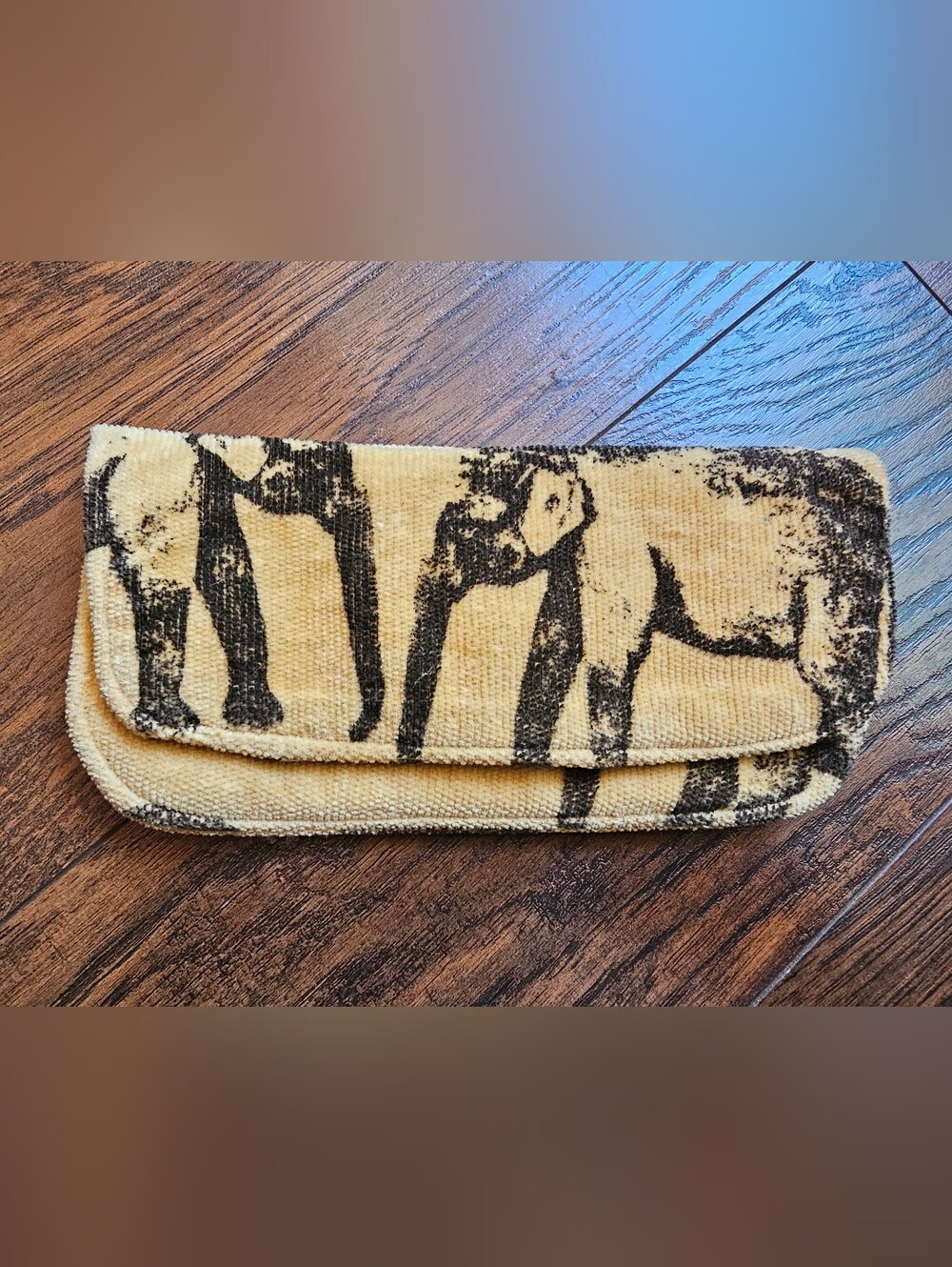 Vintage Golden Fold-Over Clutch with Black Elephant Print